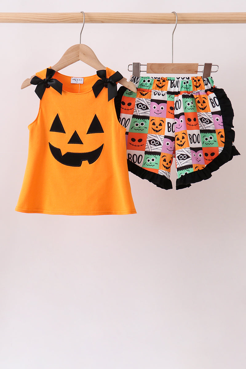 Orange Jack-o-lantern  Applique Ruffle Shorts Set