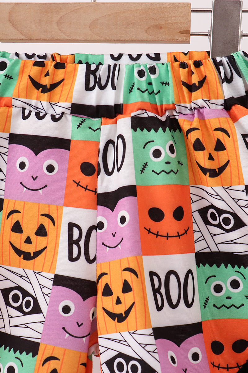 Orange Jack-o-lantern  Applique Ruffle Shorts Set