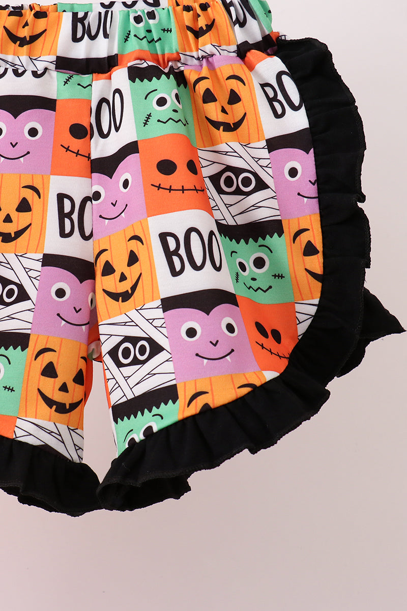Orange Jack-o-lantern  Applique Ruffle Shorts Set