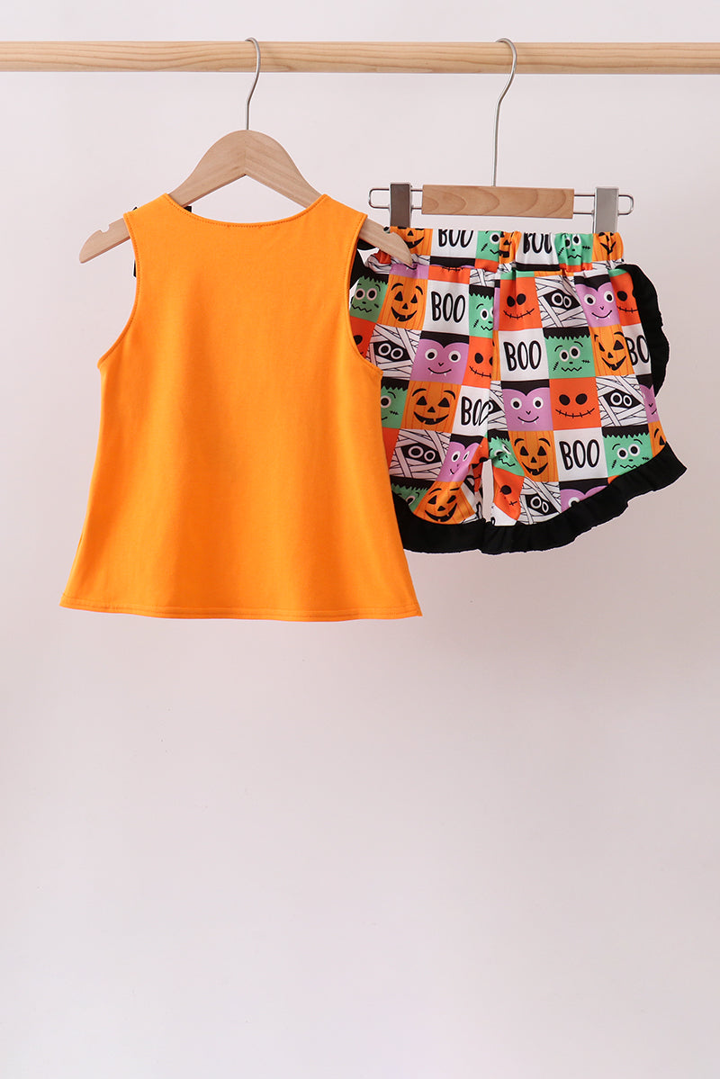 Orange Jack-o-lantern  Applique Ruffle Shorts Set