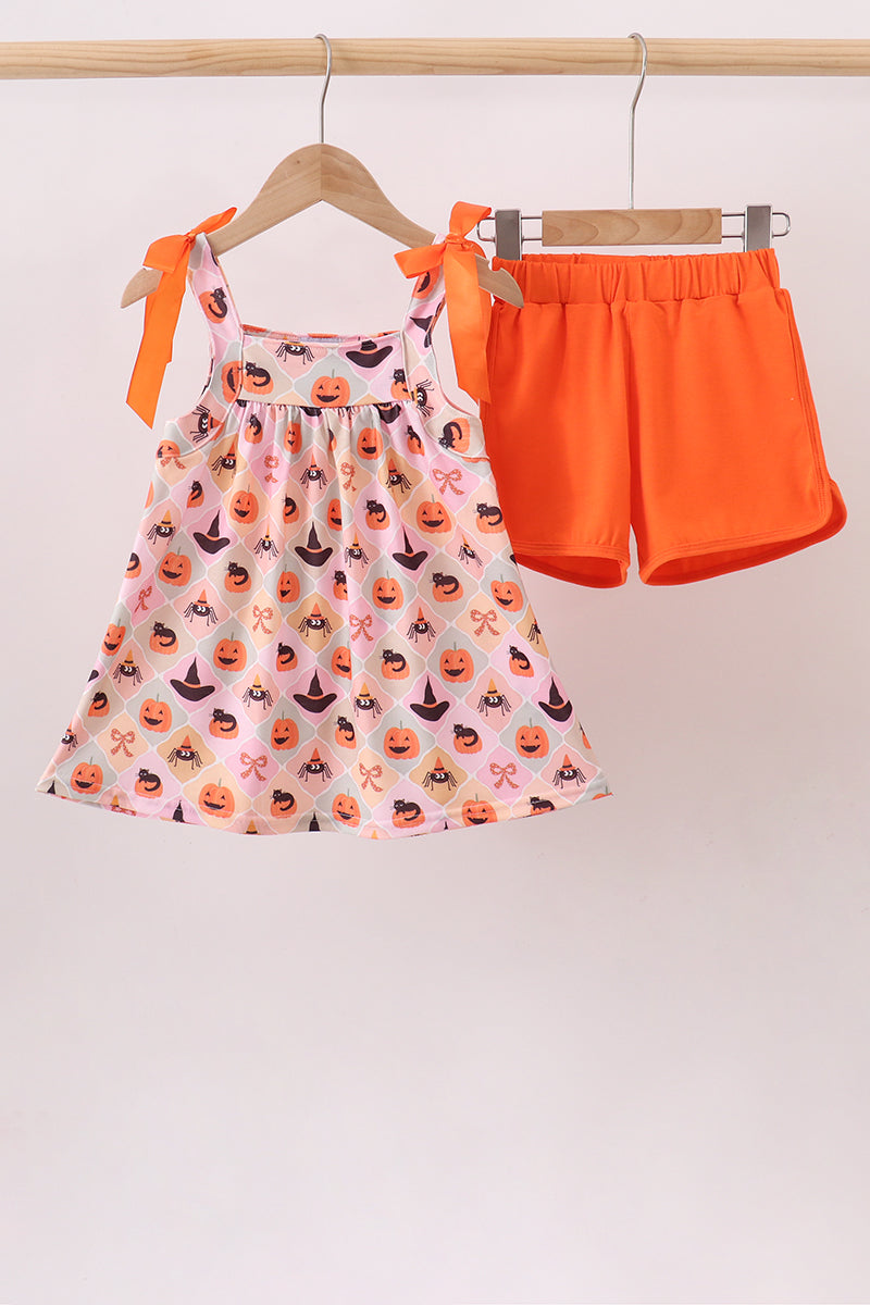 Pumpkin Spider Bow Shorts Set