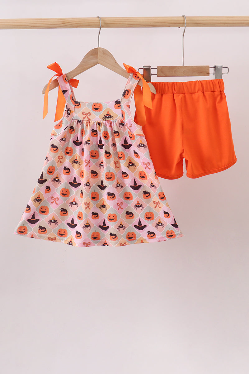 Pumpkin Spider Bow Shorts Set