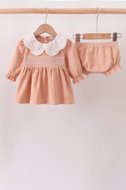 Coral Corduroy Smocked Bloomer Set