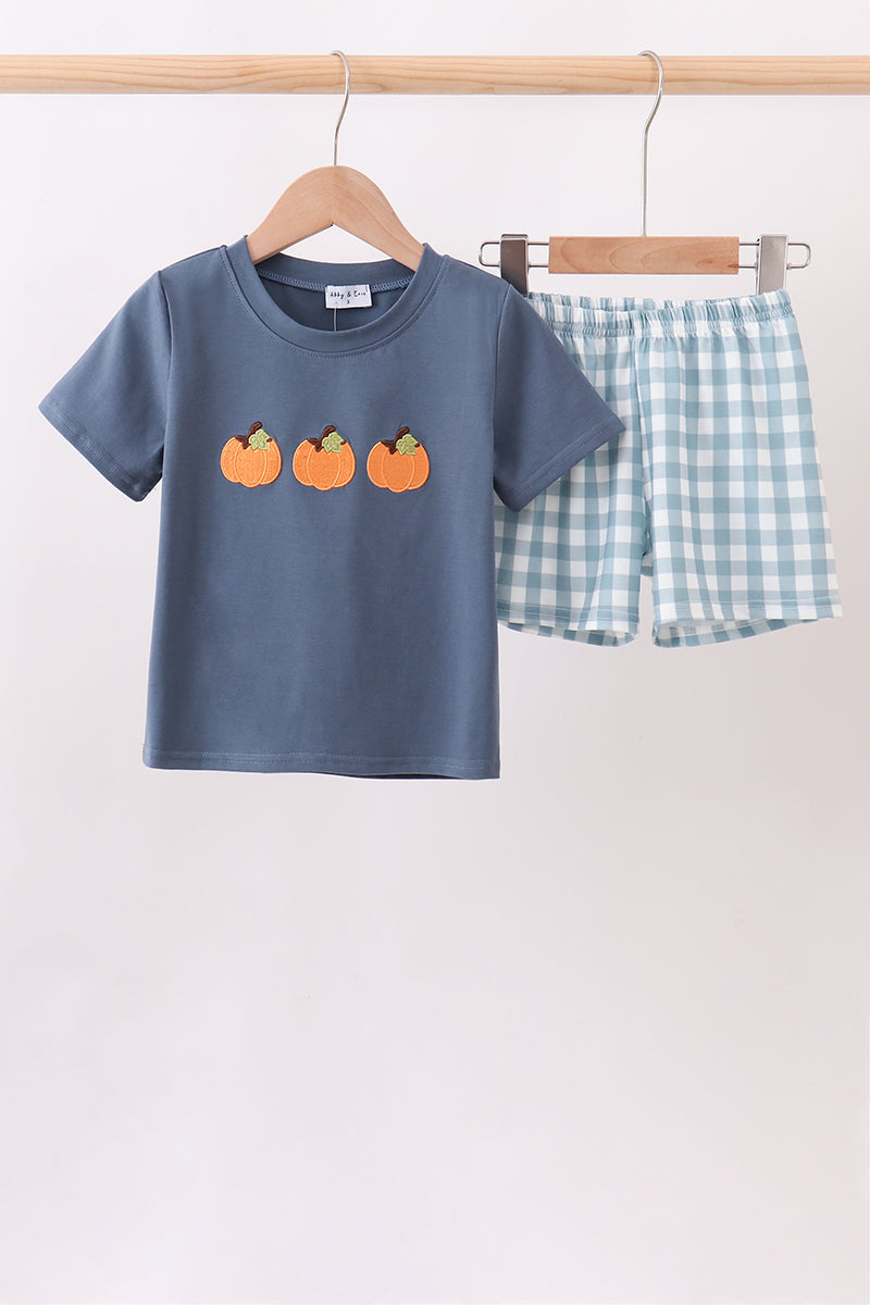 Dusty Blue Pumpkin Applique Shorts Set