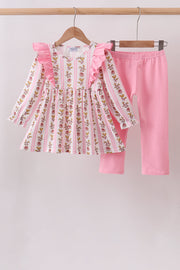 Pink Rose Stripe Ruffle Pants Set
