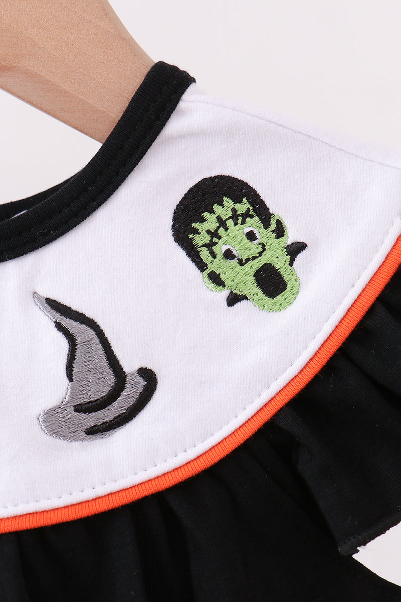 Black Pumpkin Cat Embroidery Ruffle Bubble