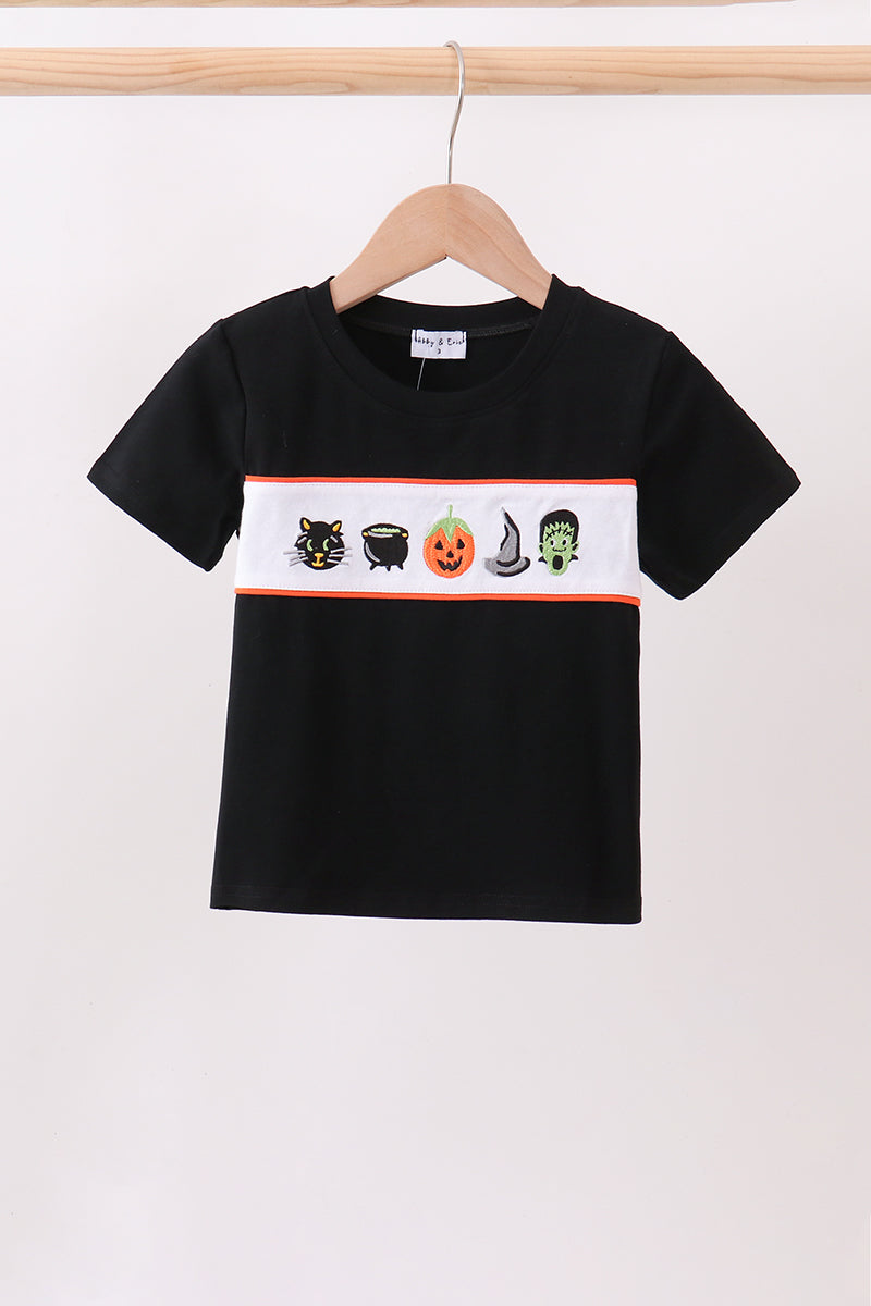 Black Pumpkin Cat Embroidery Top