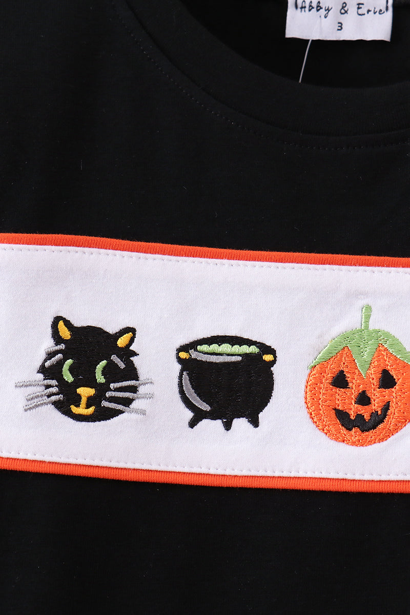 Black Pumpkin Cat Embroidery Top