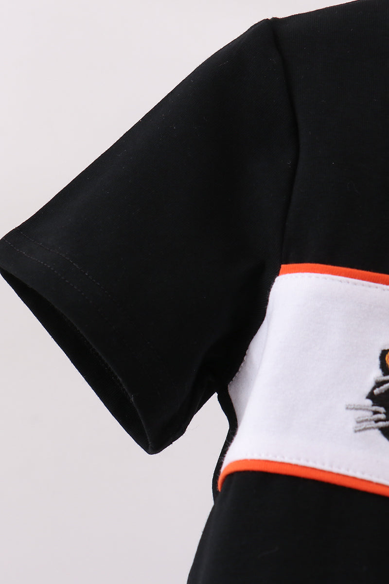 Black Pumpkin Cat Embroidery Top