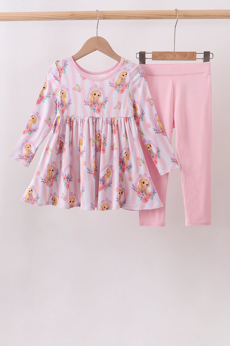 Pink Princess Floral Stripe Bamboo Pants Set