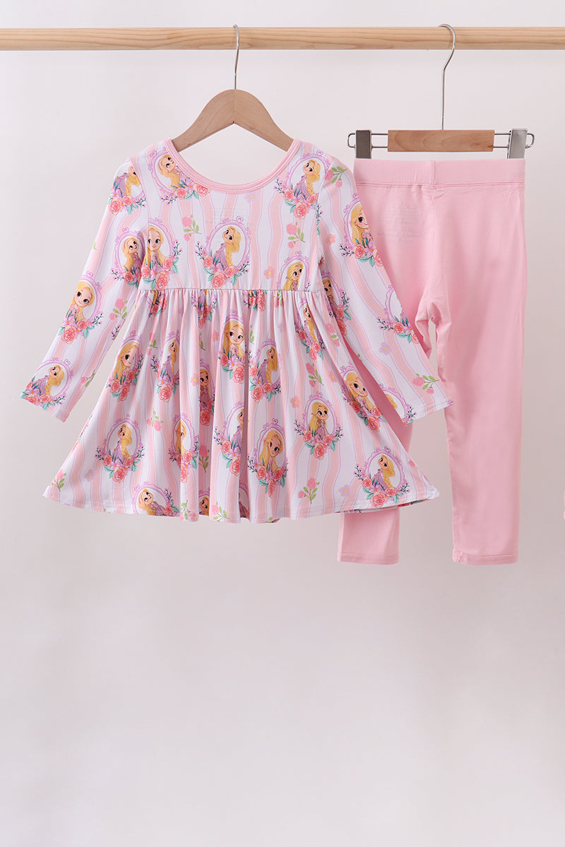 Pink Princess Floral Stripe Bamboo Pants Set