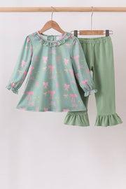 Sage Bow Ruffle Pants Set