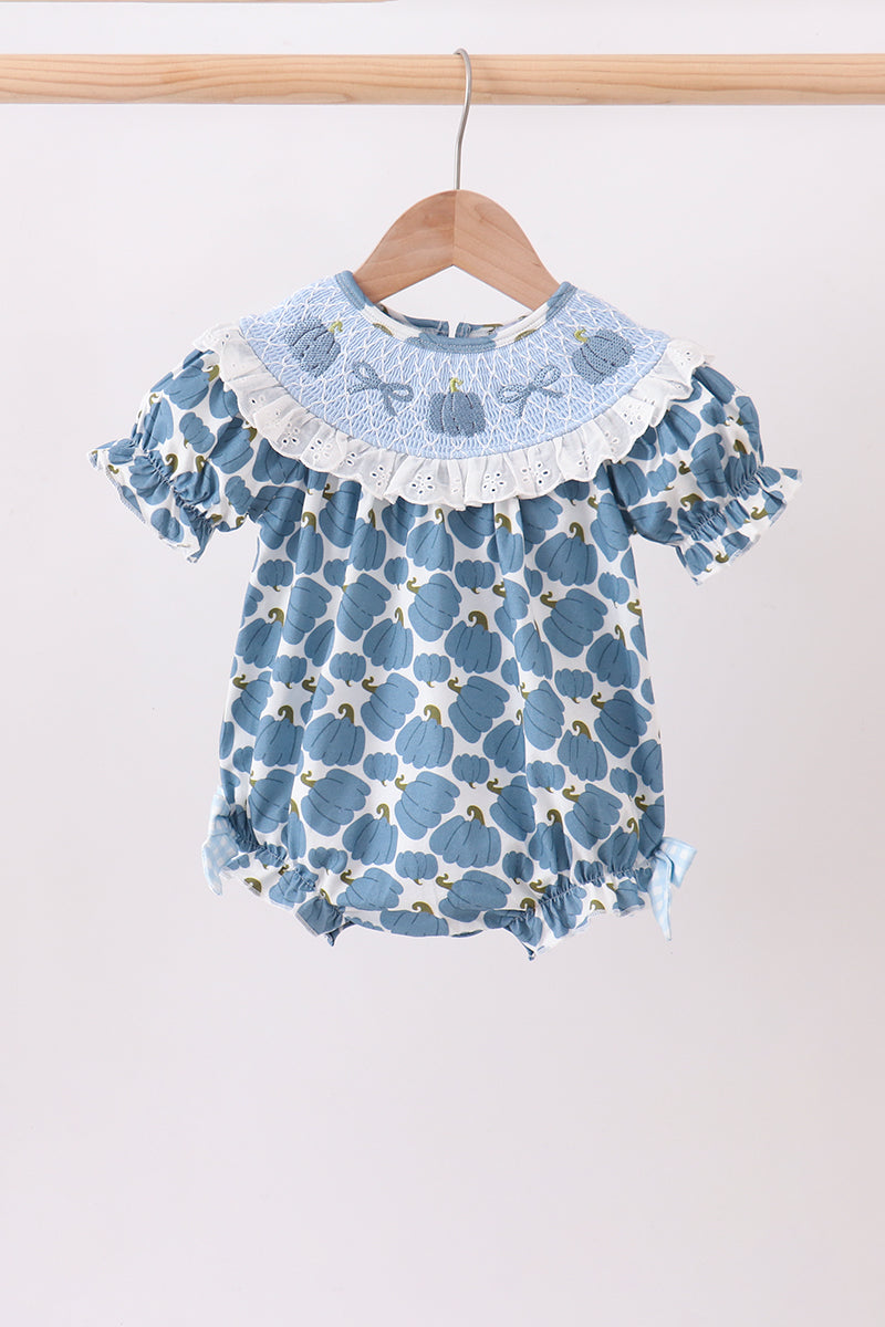 Blue Pumpkin Bow Smocked Lace Bubble