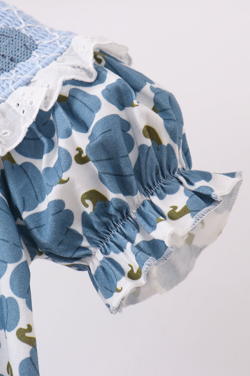 Blue Pumpkin Bow Smocked Lace Bubble