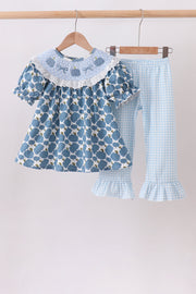 Blue Pumpkin Bow Smocked Lace Ruffle Pants Set