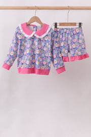 Purple Floral Ruffle Shorts Set