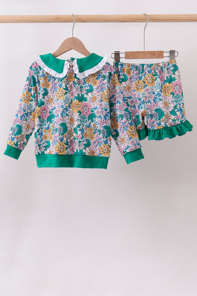 Green Floral Ruffle Shorts Set