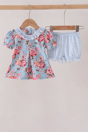 Blue Rose Floral Ruffle Bloomer Set