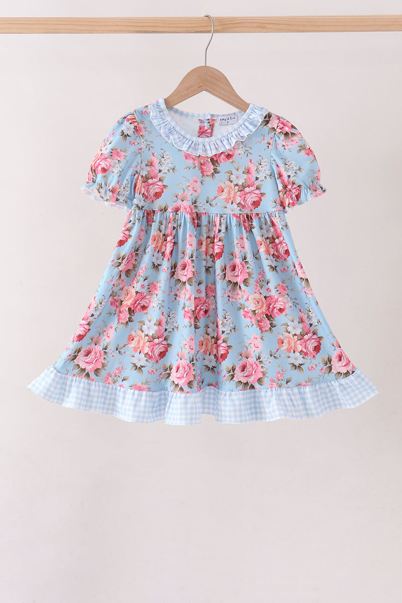 Blue Rose Floral Ruffle Dress