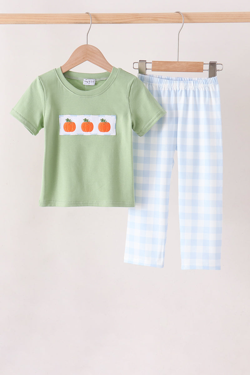 Blue Pumpkin Embroidery Gingham Pants Set
