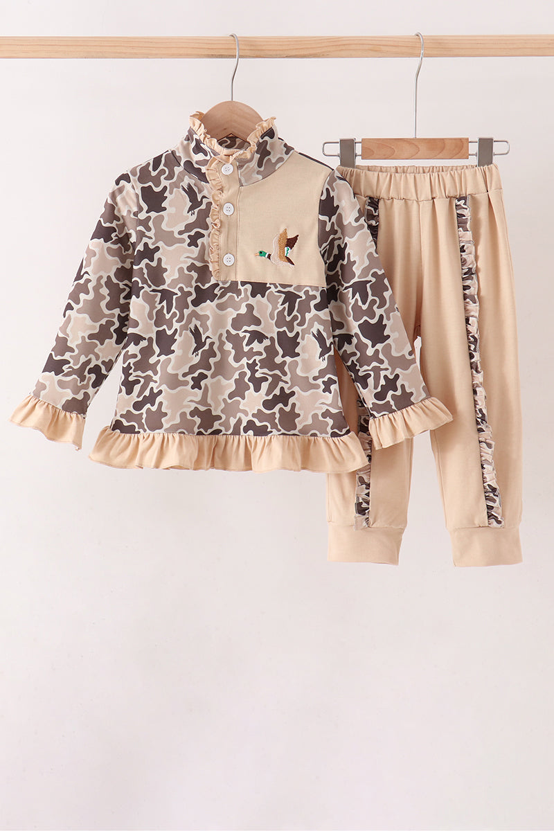Camouflage Duck Embroidery Ruffle Jogger Set