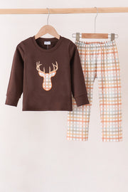 Brown Deer Applique Plaid Pants Set
