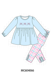 Blue Bow French Knot Plaid Pants Set