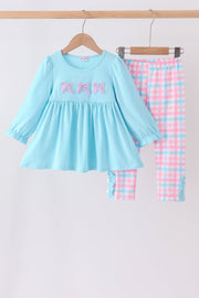 Blue Bow French Knot Plaid Pants Set