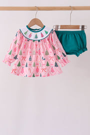 Pink Christmas Tree Embroidery Bloomer Set