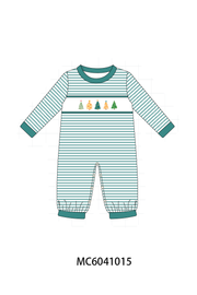 Green Christmas Tree Embroidery Stripe Romper
