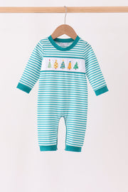 Green Christmas Tree Embroidery Stripe Romper