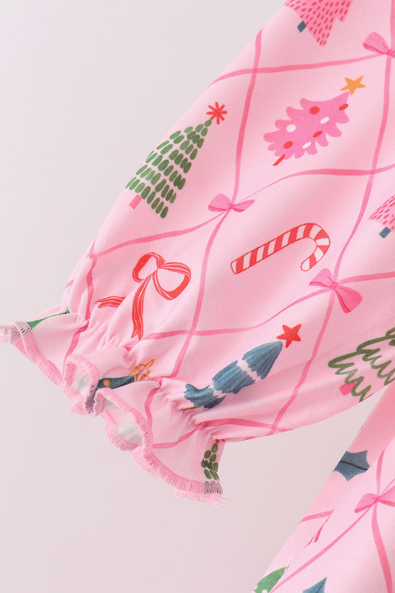 Pink Christmas Tree Embroidery Dress