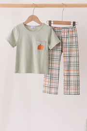Sage Pumpkin Embroidery Plaid Pants Set