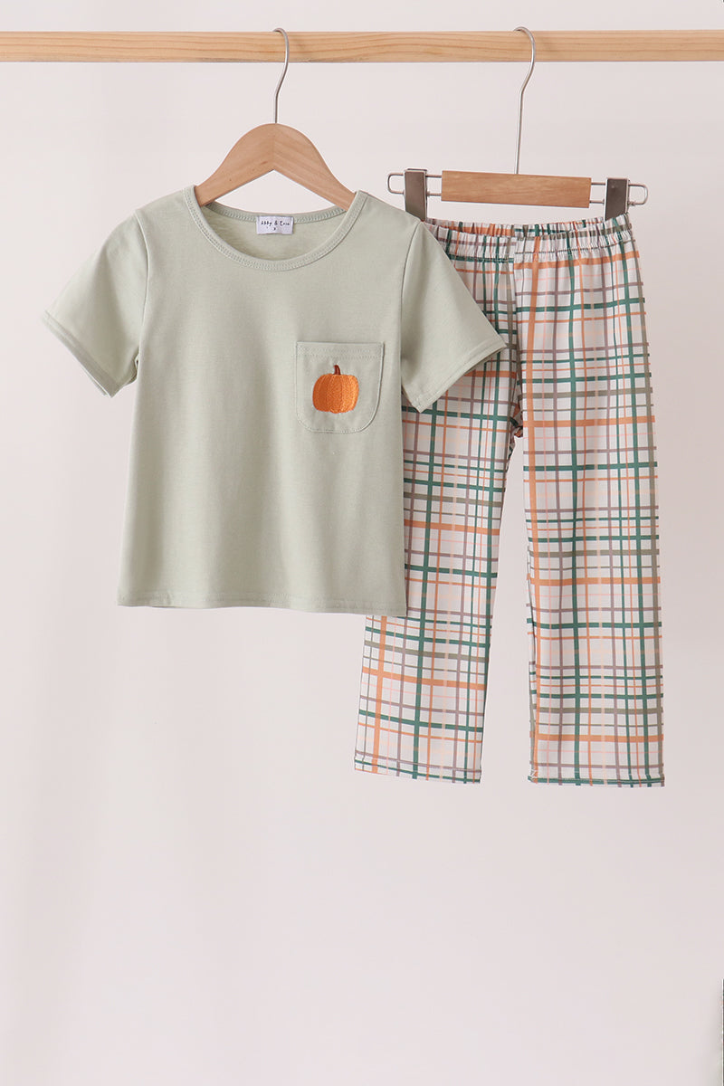 Sage Pumpkin Embroidery Plaid Pants Set