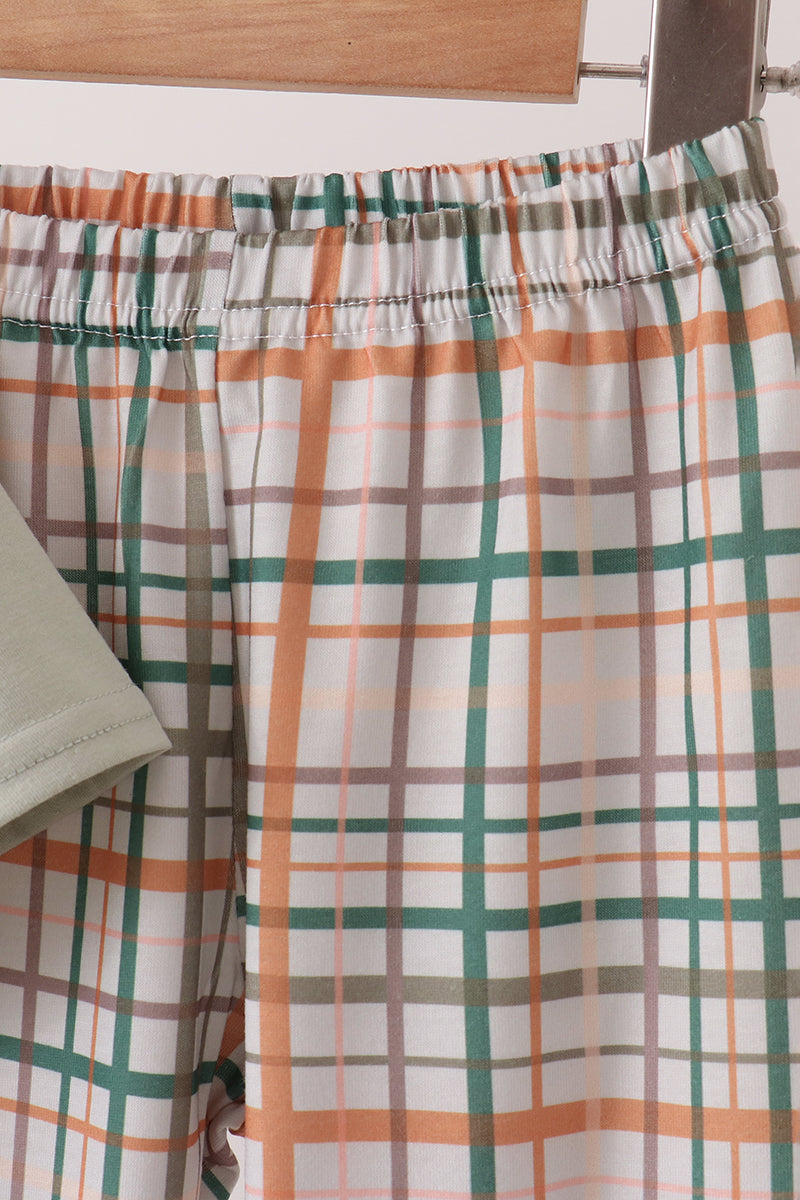 Sage Pumpkin Embroidery Plaid Pants Set