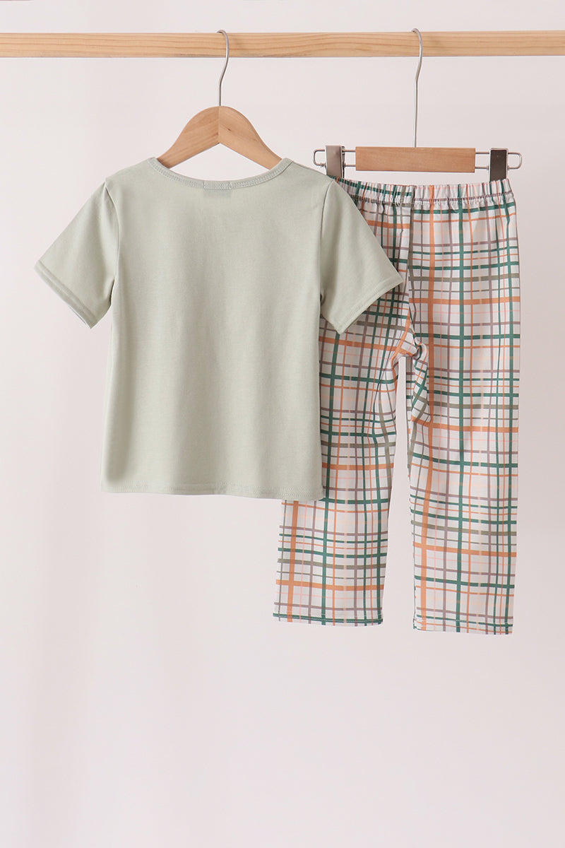 Sage Pumpkin Embroidery Plaid Pants Set