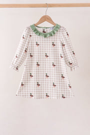Green Duck Embroidery Gingham Dress