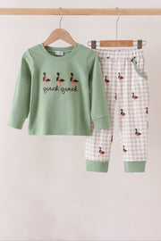 Green Duck Uack Guack Embroidery Gingham Pants Set