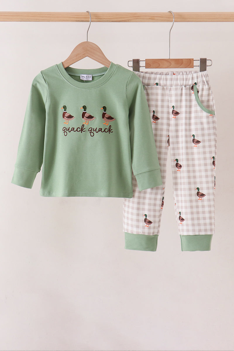 Green Duck Uack Guack Embroidery Gingham Pants Set