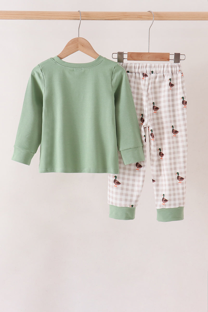 Green Duck Uack Guack Embroidery Gingham Pants Set