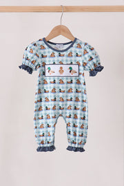 Blue Mallard Duck Embroidery Ruffle Romper