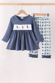 Blue Mallard Duck Embroidery Ruffle Pants Set