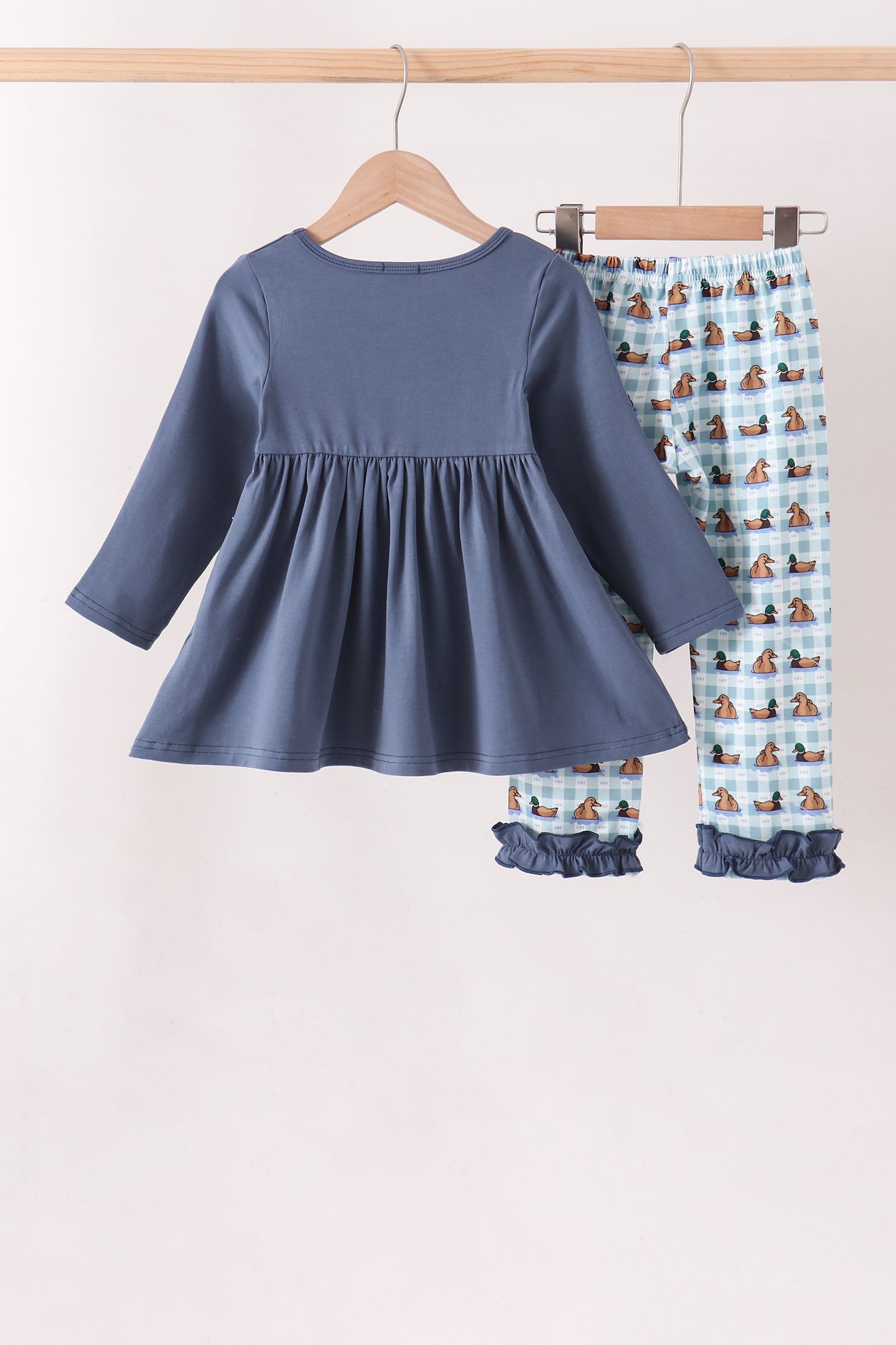 Blue Mallard Duck Embroidery Ruffle Pants Set