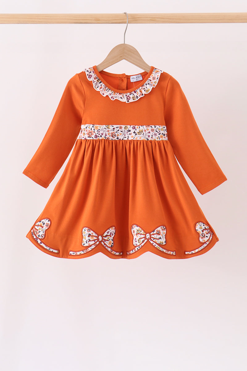 Orange Floral Bow Ruffle Dress