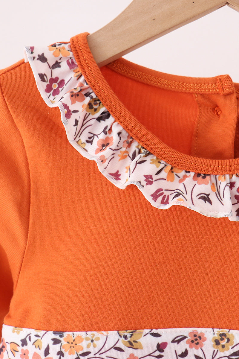 Orange Floral Bow Ruffle Dress