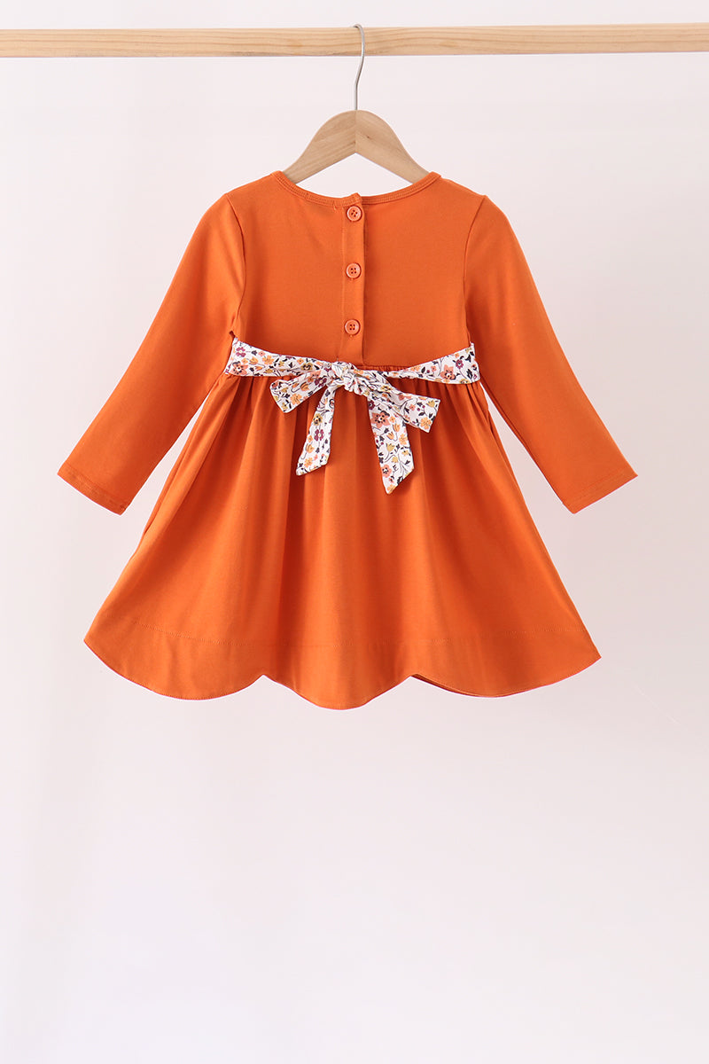 Orange Floral Bow Ruffle Dress