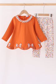 Orange Floral Bow Ruffle Pants Set