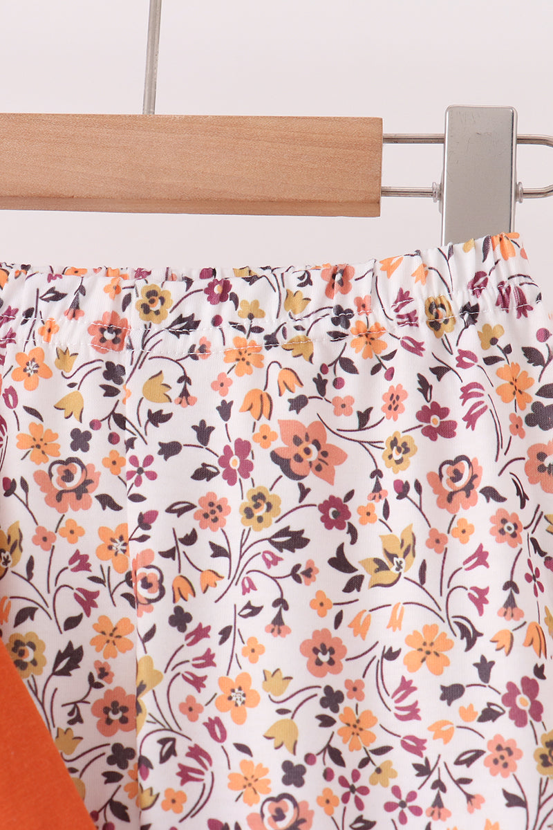 Orange Floral Bow Ruffle Pants Set