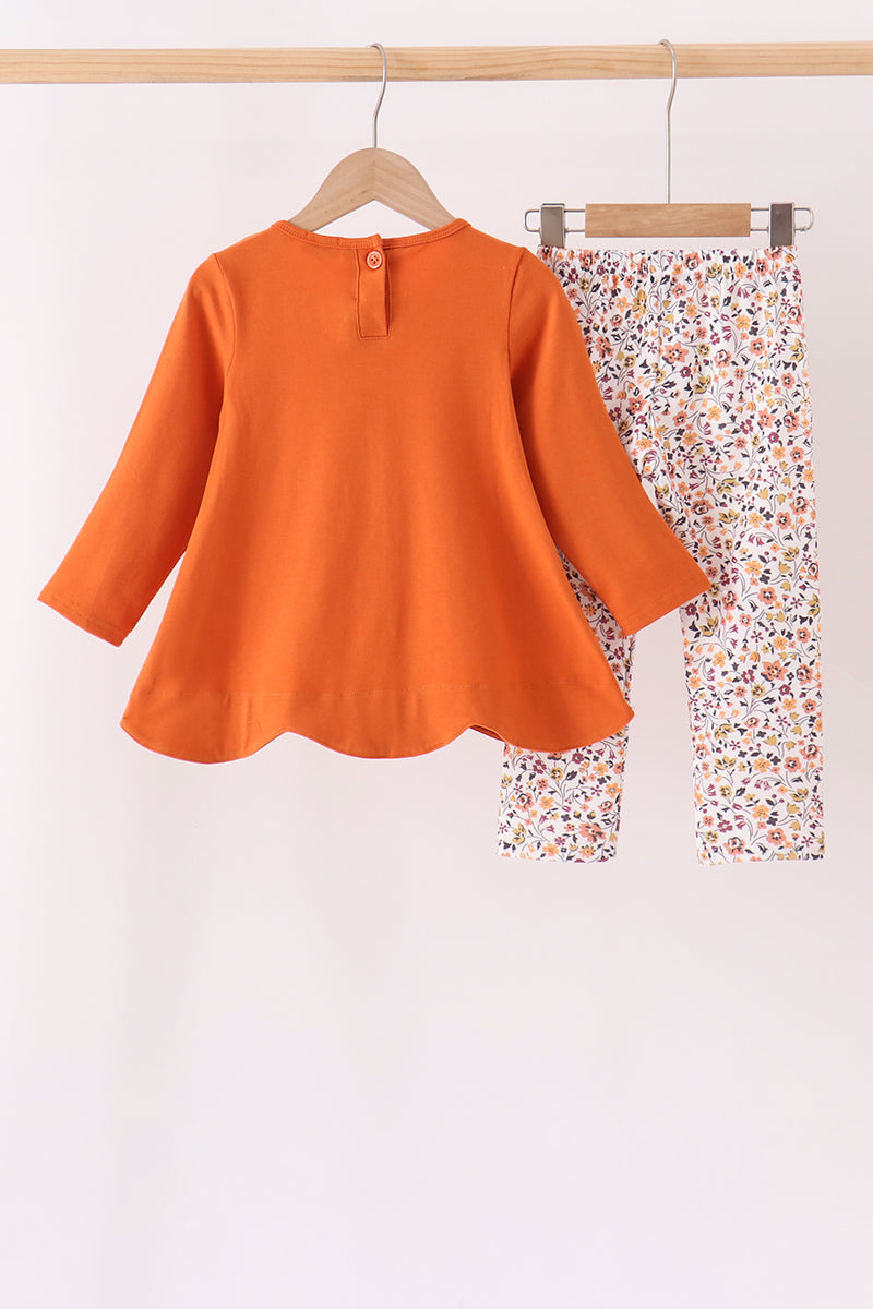 Orange Floral Bow Ruffle Pants Set