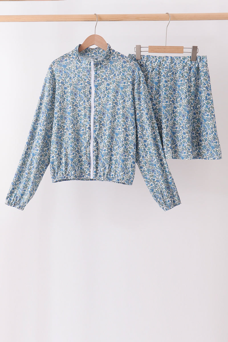 Teal Floral Print Mom&me Skorts Set